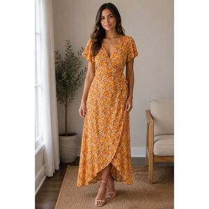 Audrey 3+1 Floral Wrap Maxi Dress Women's Medium Yellow Pink Boho